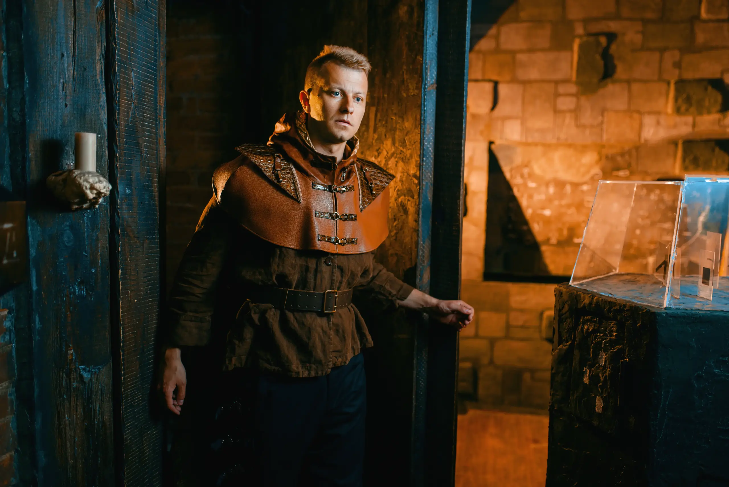 A man dressed in ancient-style clothes enters a prison dungeon through a door.